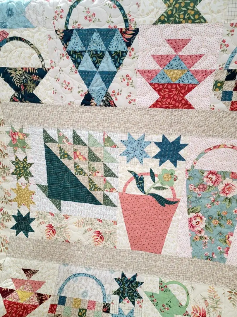 A close up of the baskets on the quilt