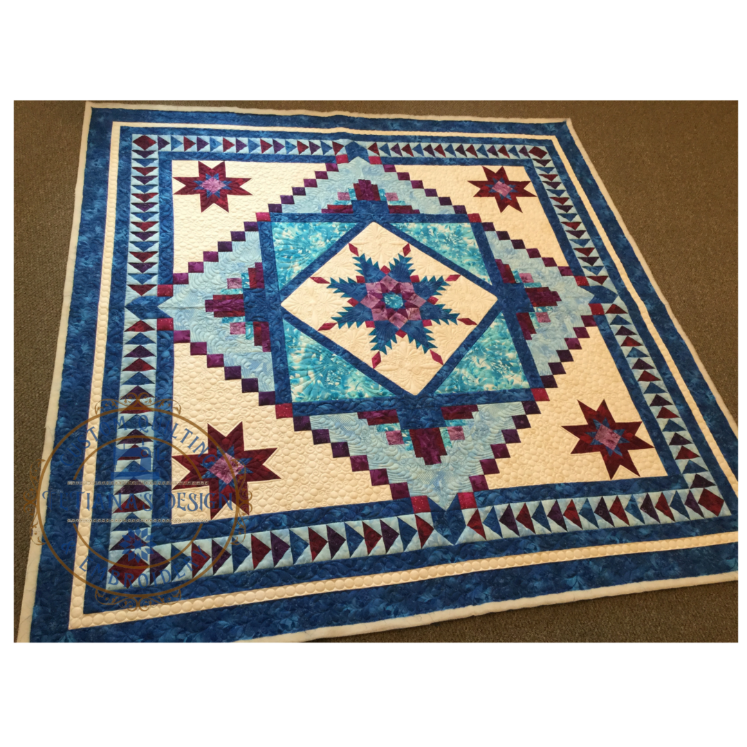 A blue and white quilt with red stars.