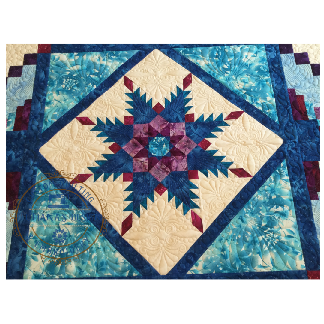 A blue and white quilt with a star design.