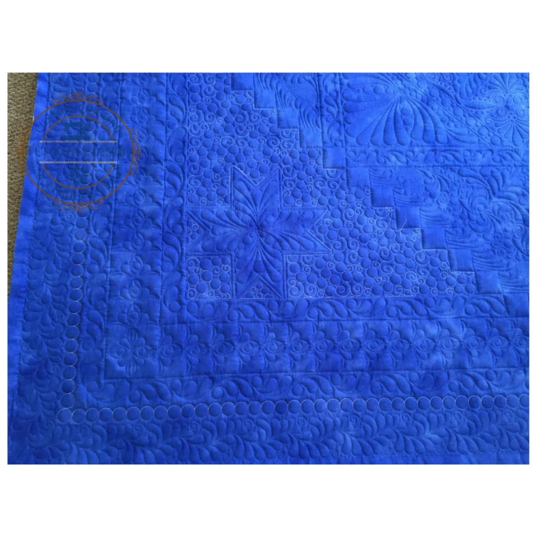 A blue rug with a pattern of circles.