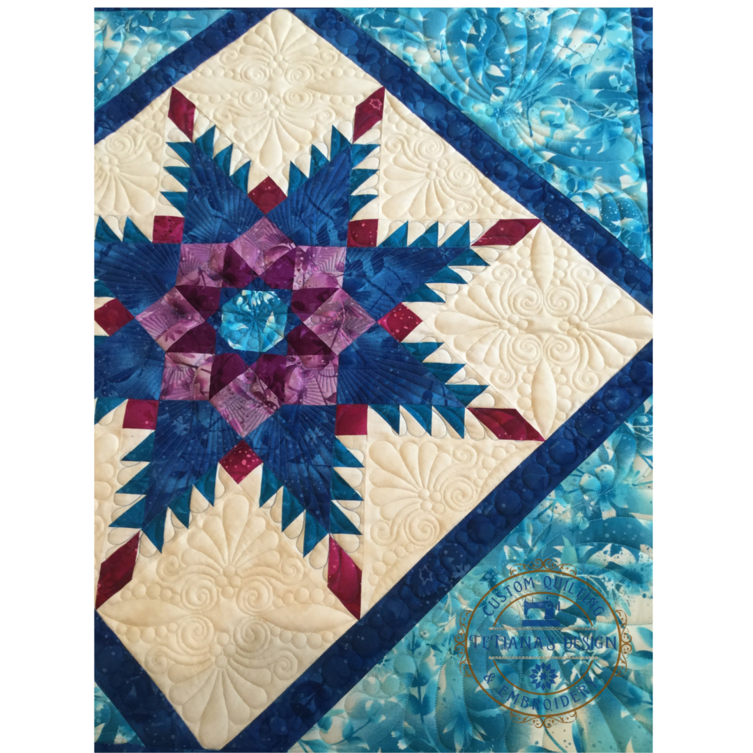 A close up of a quilt with blue and white designs